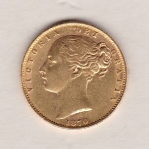 1870 Gold Sovereign Coin. Die number 84. The coin features a young head queen Victoria on the Obverse and the collectable shield design on the Reverse.