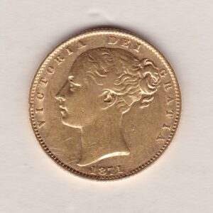 1871 S Gold Sovereign Coin features a young head queen Victoria on the Obverse and the collectable shield design on the Reverse.