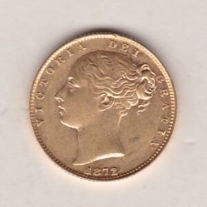 1872 Gold Sovereign Coin. Die number 100. The coin features a young head queen Victoria on the Obverse and the collectable shield design on the Reverse.