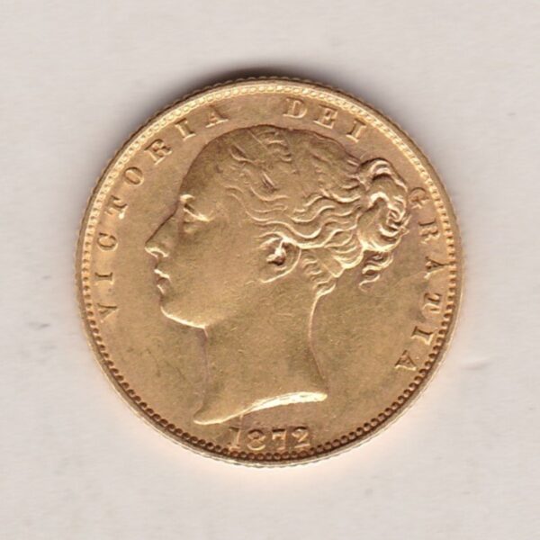 1872 Gold Sovereign Coin. Die number 19. The coin features a young head queen Victoria on the Obverse and the collectable shield design on the Reverse.