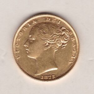 1872 Gold Sovereign Coin. Die number 76. The coin features a young head queen Victoria on the Obverse and the collectable shield design on the Reverse.