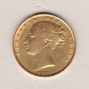 1872 M Gold Sovereign Coin. The coin features a young head queen Victoria on the Obverse and the collectable shield design on the Reverse.