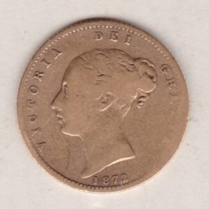 1872 S Gold Half Sovereign Coin featuring Queen Victoria Young Head on the Obverse and the shield design on the Reverse with the S Sydney mint mark.