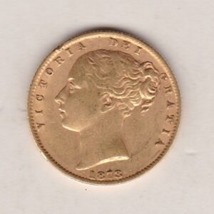 1873 S Gold Sovereign Coin features a young head queen Victoria on the Obverse and the collectable shield design on the Reverse.