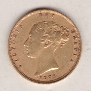 1875 Gold Half Sovereign Coin featuring Queen Victoria Young Head on the Obverse and the shield design on the Reverse with die number 53.