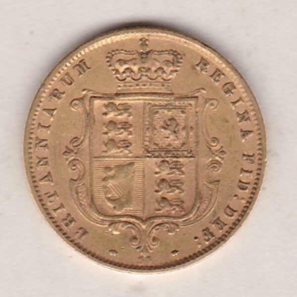 1875 Gold Half Sovereign Coin featuring Queen Victoria Young Head on the Obverse and the shield design on the Reverse with die number 53.