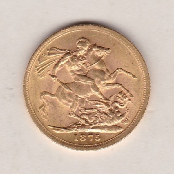 1875 M Gold Sovereign Coin featuring Queen Victoria Young Head on the Obverse and St George & the Dragon on the Reverse. Melbourne Mint.