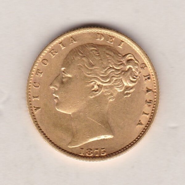 1875 S Gold Sovereign Coin features a young head queen Victoria on the Obverse and the collectable shield design on the Reverse.