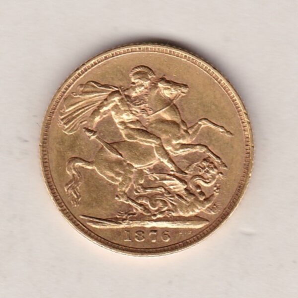 1876 Gold Sovereign Coin featuring Queen Victoria Young Head on the Obverse and St George & the Dragon on the Reverse. London Mint.