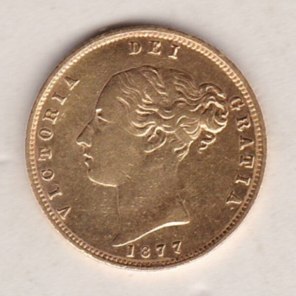 1877 Gold Half Sovereign Coin featuring Queen Victoria Young Head on the Obverse and the shield design on the Reverse with die number 137.