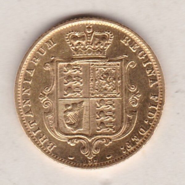 1877 Gold Half Sovereign Coin featuring Queen Victoria Young Head on the Obverse and the shield design on the Reverse with die number 137.