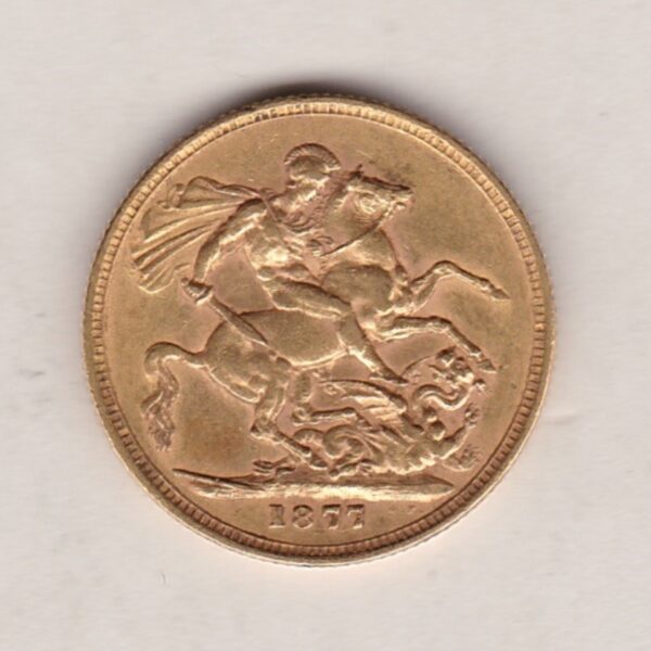 1877 M Gold Sovereign Coin featuring Queen Victoria Young Head on the Obverse and St George & the Dragon on the Reverse. Melbourne Mint.