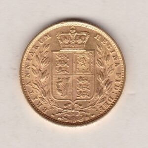 1877 S Gold Sovereign Coin. The coin features a young head queen Victoria on the Obverse and the collectable shield design on the Reverse.