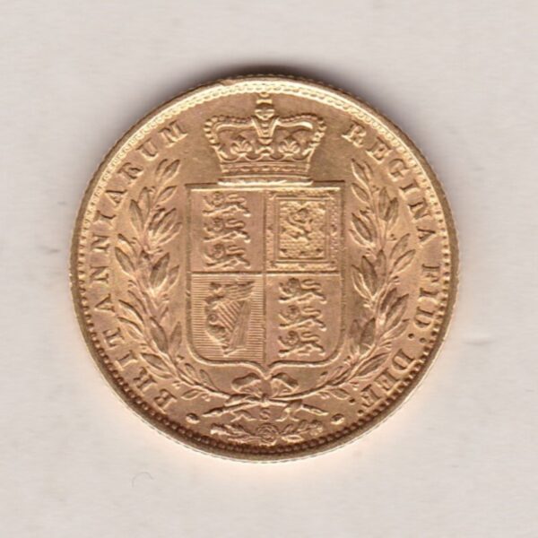 1877 S Gold Sovereign Coin. The coin features a young head queen Victoria on the Obverse and the collectable shield design on the Reverse.