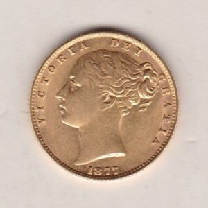 1877 S Gold Sovereign Coin. The coin features a young head queen Victoria on the Obverse and the collectable shield design on the Reverse.