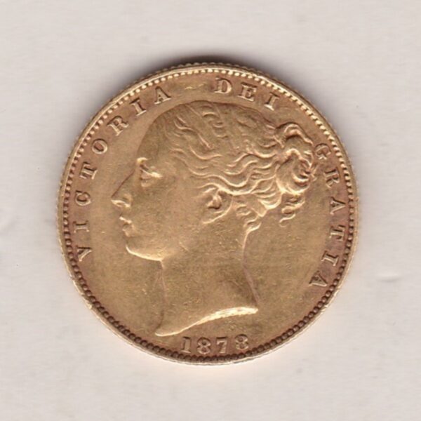 1878 S Gold Sovereign Coin features a young head queen Victoria on the Obverse and the collectable shield design on the Reverse.