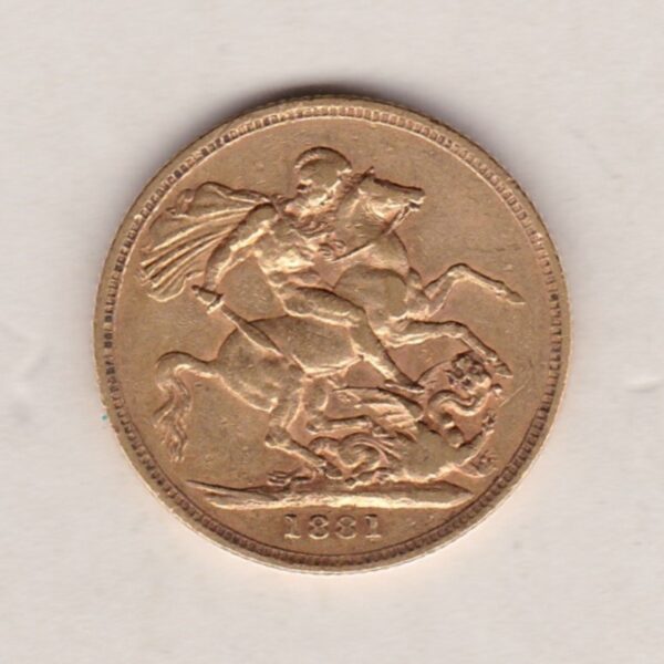 1881 M Gold Sovereign Coin featuring Queen Victoria Young Head on the Obverse and St George & the Dragon on the Reverse. Melbourne Mint.