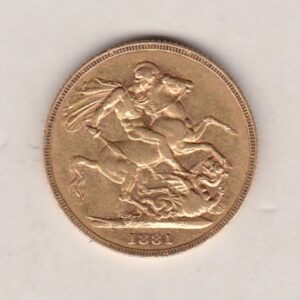 1881 S Gold Sovereign Coin featuring Queen Victoria Young Head on the Obverse and St George & the Dragon on the Reverse. Sydney Mint.