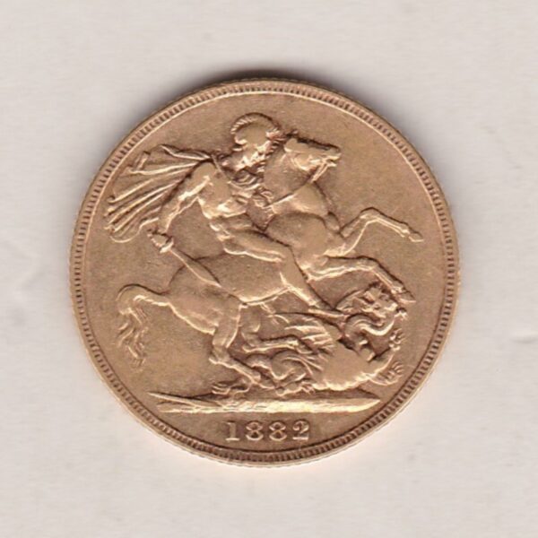 1882 M Gold Sovereign Coin featuring Queen Victoria Young Head on the Obverse and St George & the Dragon on the Reverse. Melbourne Mint.