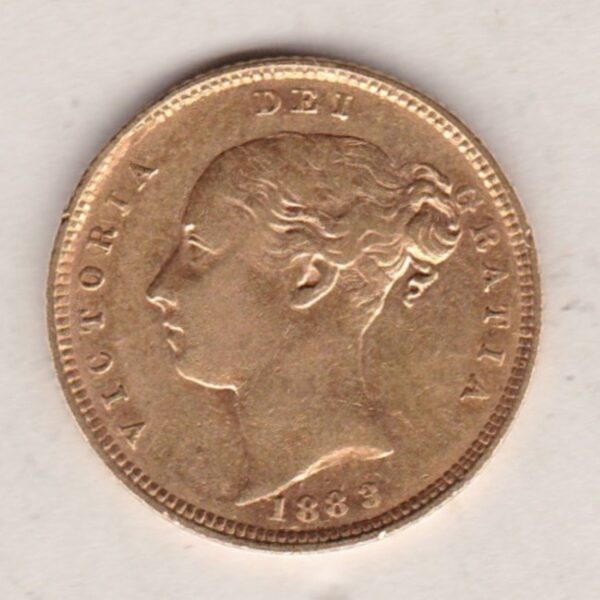 1883 Gold Half Sovereign Coin featuring Queen Victoria Young Head on the Obverse and the shield design on the Reverse.