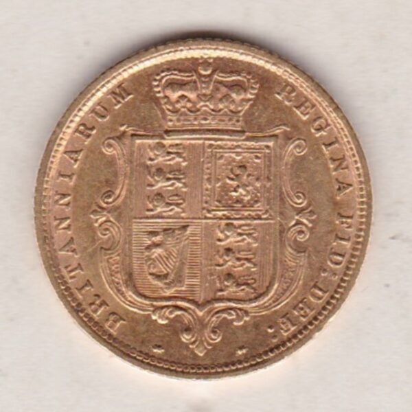 1883 Gold Half Sovereign Coin featuring Queen Victoria Young Head on the Obverse and the shield design on the Reverse.