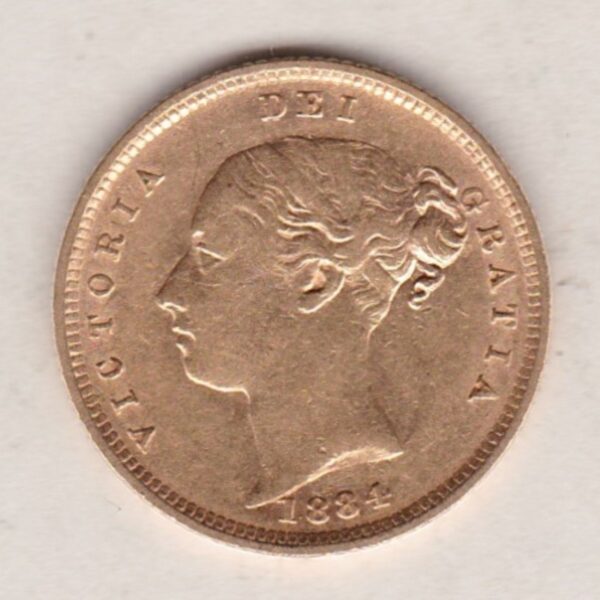 1884 Gold Half Sovereign Coin featuring Queen Victoria Young Head on the Obverse and the shield design on the Reverse.