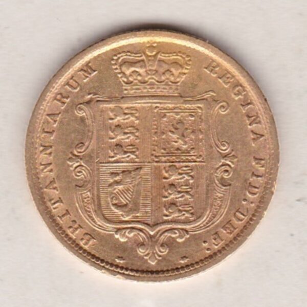 1884 Gold Half Sovereign Coin featuring Queen Victoria Young Head on the Obverse and the shield design on the Reverse.