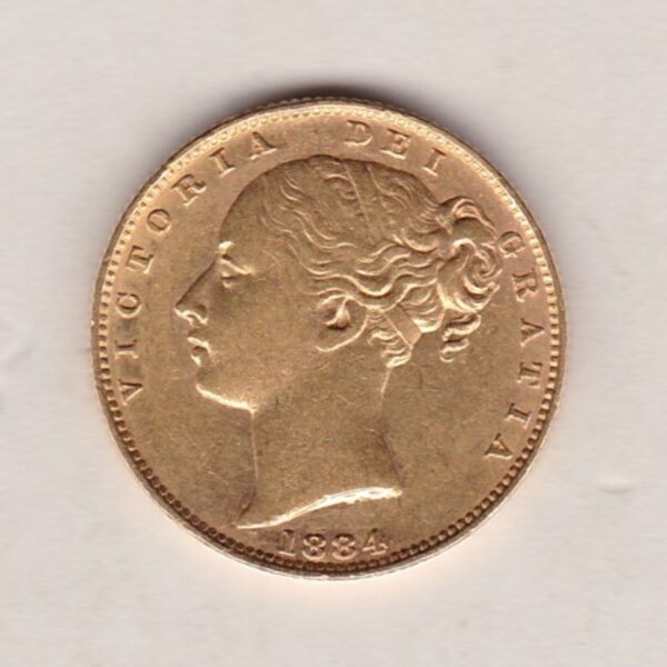 1884 M Gold Sovereign Coin features a young head queen Victoria on the Obverse and the collectable shield design on the Reverse.