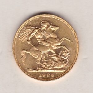 1884 M Gold Sovereign Coin featuring Queen Victoria Young Head on the Obverse and St George & the Dragon on the Reverse. Melbourne Mint.