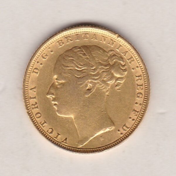 1884 S Gold Sovereign Coin featuring Queen Victoria Young Head on the Obverse and St George & the Dragon on the Reverse. Sydney Mint.