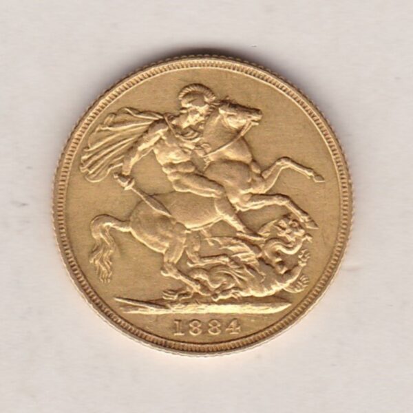 1884 S Gold Sovereign Coin featuring Queen Victoria Young Head on the Obverse and St George & the Dragon on the Reverse. Sydney Mint.