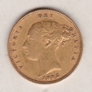 1885 Gold Half Sovereign Coin featuring Queen Victoria Young Head on the Obverse and the shield design on the Reverse in very fine condition.