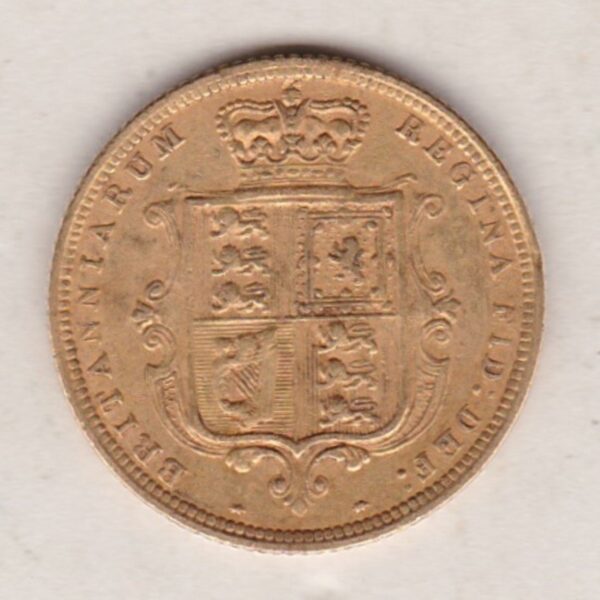 1885 Gold Half Sovereign Coin featuring Queen Victoria Young Head on the Obverse and the shield design on the Reverse in very fine condition.