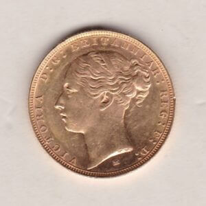 1885 M Gold Sovereign Coin featuring Queen Victoria Young Head on the Obverse and St George & the Dragon on the Reverse. Melbourne Mint.