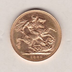 1885 M Gold Sovereign Coin featuring Queen Victoria Young Head on the Obverse and St George & the Dragon on the Reverse. Melbourne Mint.