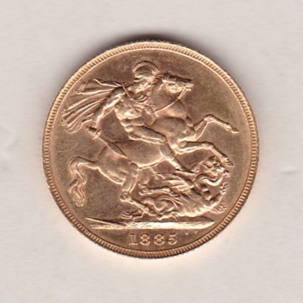 1885 M Gold Sovereign Coin featuring Queen Victoria Young Head on the Obverse and St George & the Dragon on the Reverse. Melbourne Mint.