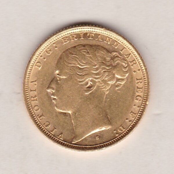 1885 S Gold Sovereign Coin featuring Queen Victoria Young Head on the Obverse and St George & the Dragon on the Reverse. Sydney Mint.