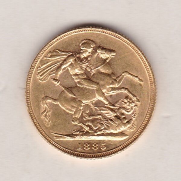 1885 S Gold Sovereign Coin featuring Queen Victoria Young Head on the Obverse and St George & the Dragon on the Reverse. Sydney Mint.