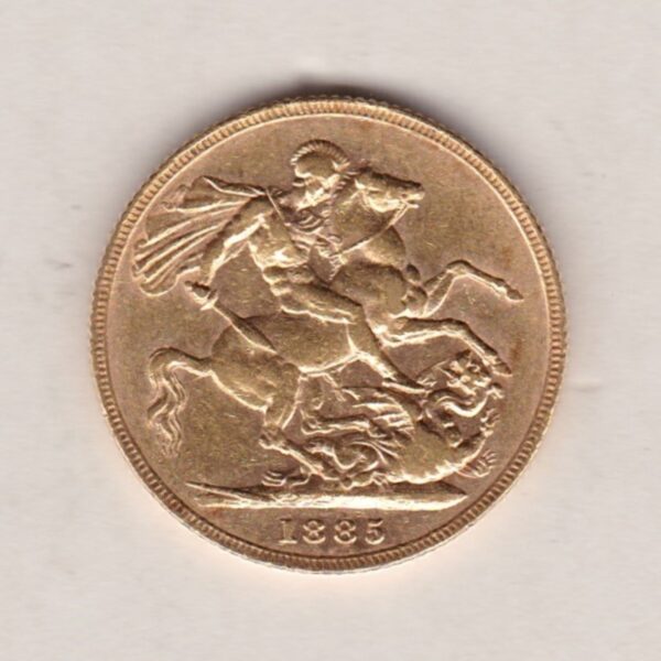 1885 Gold Sovereign Coin featuring Queen Victoria Young Head on the Obverse and St George & the Dragon on the Reverse. London Mint.