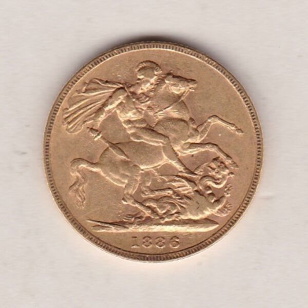 1886 M Gold Sovereign Coin featuring Queen Victoria Young Head on the Obverse and St George & the Dragon on the Reverse. Melbourne Mint.