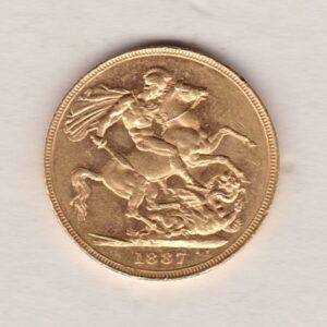 1887 M Gold Sovereign Coin featuring Queen Victoria Young Head on the Obverse and St George & the Dragon on the Reverse. Melbourne Mint.