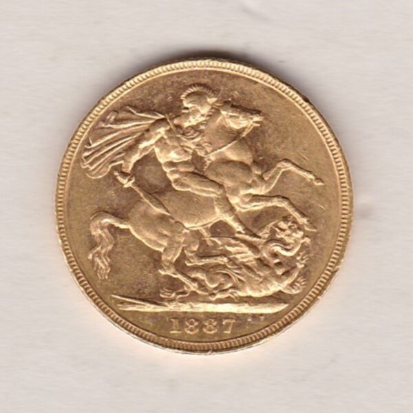 1887 M Gold Sovereign Coin featuring Queen Victoria Young Head on the Obverse and St George & the Dragon on the Reverse. Melbourne Mint.