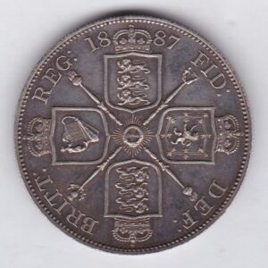 1887 Arabic 1 silver double florin coin featuring the Jubilee Head design of Queen Victoria. With the Garter star and four sceptres in the angles Reverse.