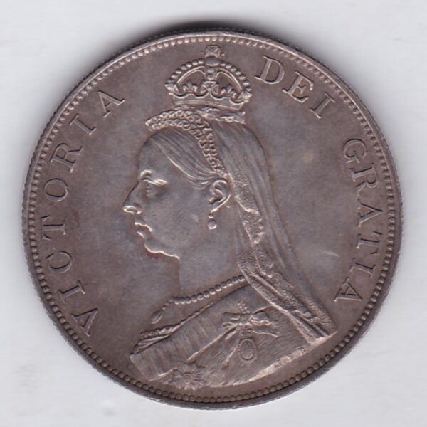 1888 inverted 1 silver double florin coin featuring the Queen Victoria Jubilee Head obverse. The Garter star and four sceptres in the angles on the Reverse.