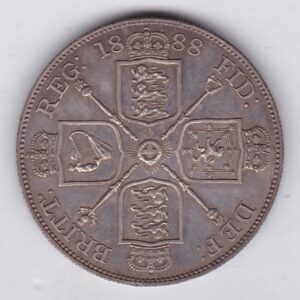 1888 inverted 1 silver double florin coin featuring the Queen Victoria Jubilee Head obverse. The Garter star and four sceptres in the angles on the Reverse.