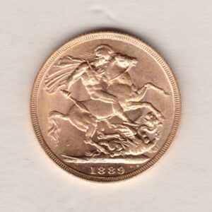 1889 Gold Sovereign Coin featuring Queen Victoria Jubilee Head on the Obverse and St George & the Dragon on the Reverse. London Mint.