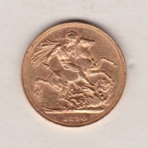 1890 Gold Sovereign Coin featuring Queen Victoria Jubilee Head on the Obverse and St George & the Dragon on the Reverse. London Mint.