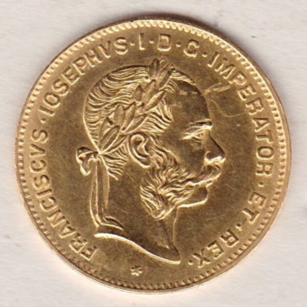 1892 Austria Gold 4 florin 10 franc featuring the portrait of Emperor Franz Joseph I on the Obverse. The double-headed imperial eagle is on the Reverse.