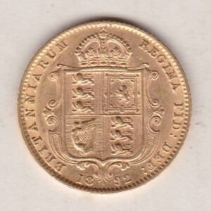 1892 Gold Half Sovereign Coin featuring Queen Victoria Jubilee Head on the Obverse and the shield design on the Reverse in extremely fine condition.