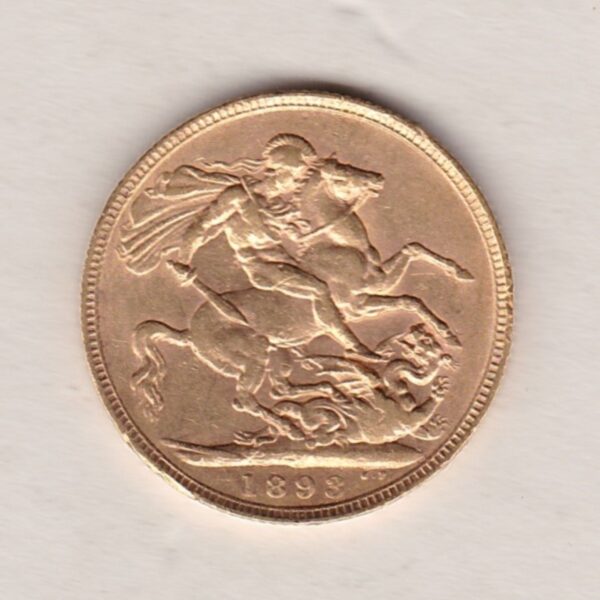 1893 Gold Sovereign Coin featuring Queen Victoria Old Head on the Obverse and George & the Dragon on the Reverse. London Mint.